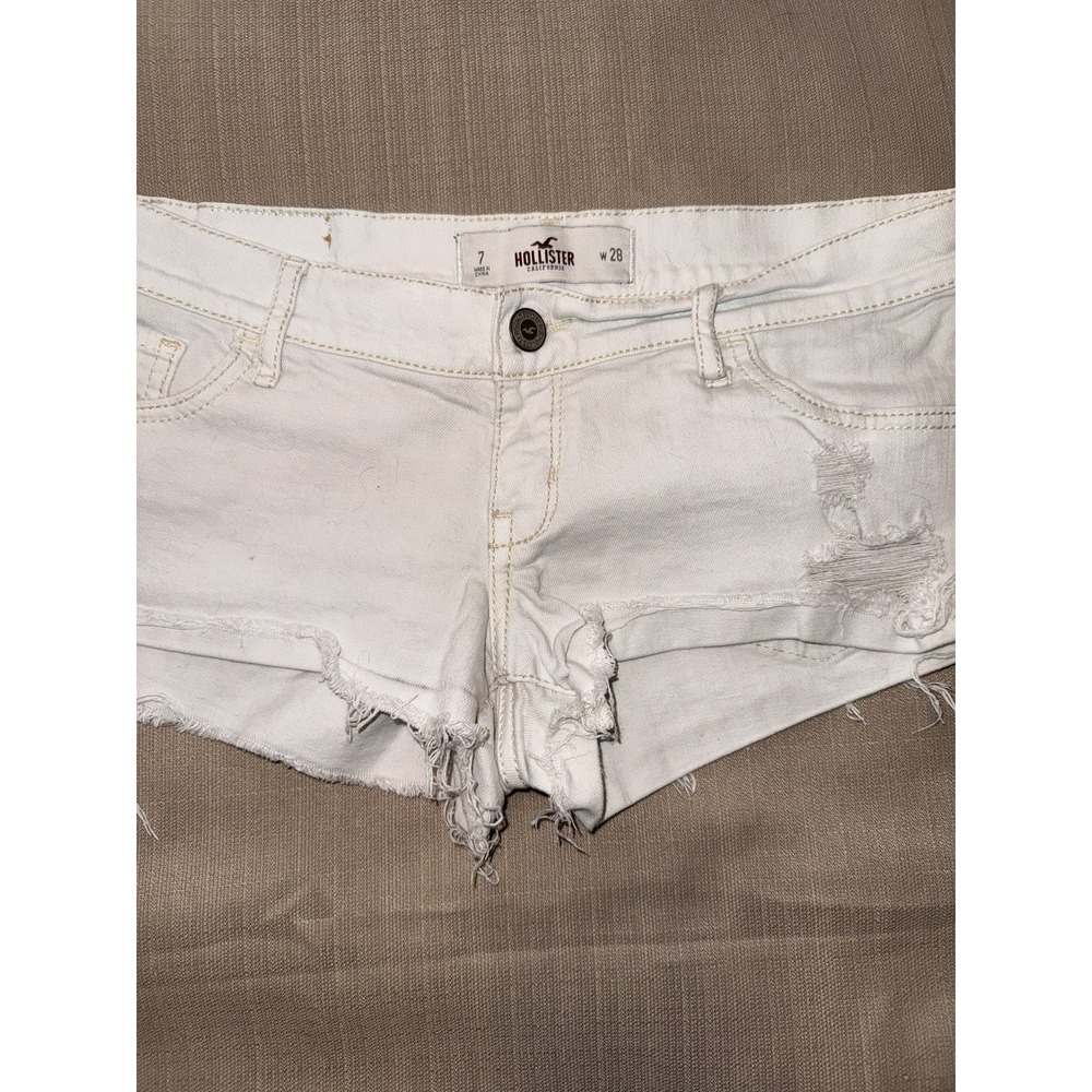 VTG Hollister White Micro Mini Shorts Womens 7  Y2K Rave Low Rise Denim Distress